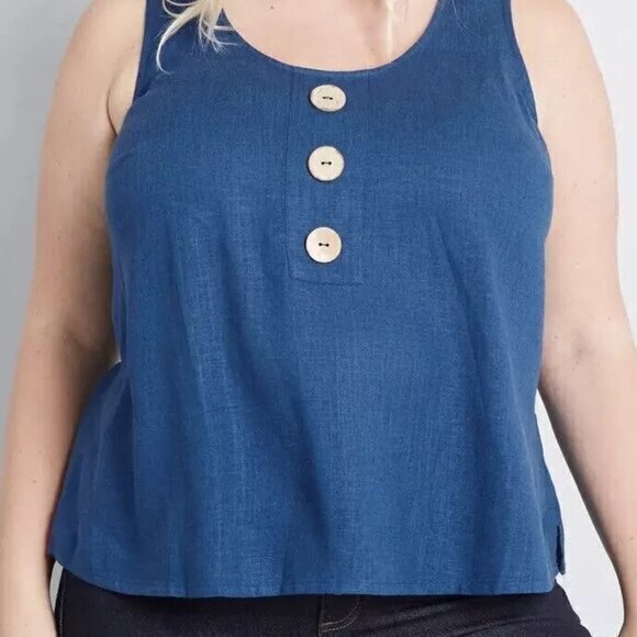 ModCloth Women's Size Small Blue For Love of Buttons Sleeveless Linen Blend Tank - Picture 1 of 9
